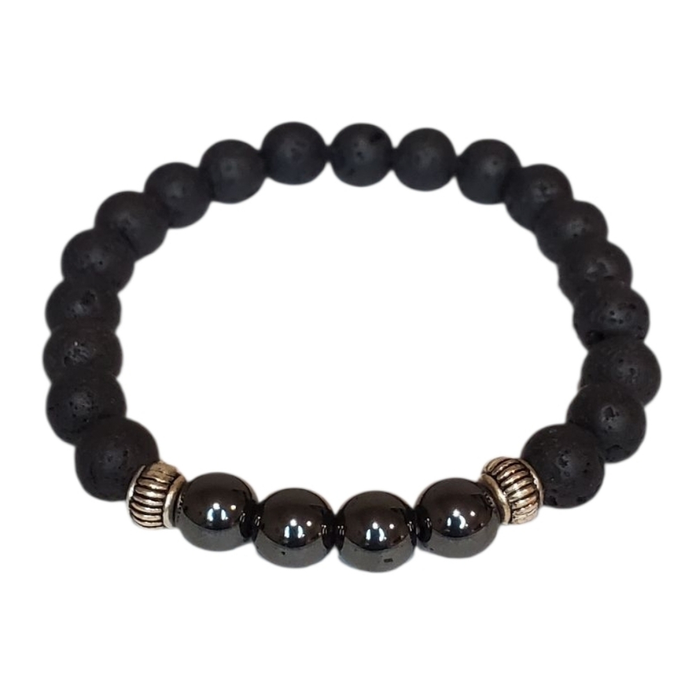 Estate Unsigned Lava Rock & Hematite Beaded Stretch Bracelet